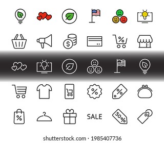 Black Friday Icon Set contiene iconos de Promociones, Descuentos de compras, Carro de compras. Trazo editable. Símbolos vectoriales, lineales.