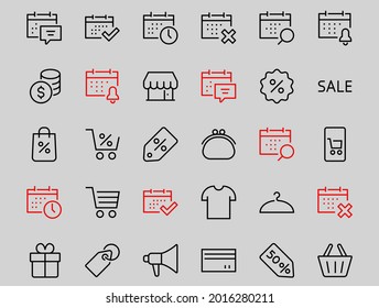 Black Friday Icon Set contiene iconos de Promociones, Descuentos de compras, Carro de compras. Trazo editable. Símbolos vectoriales, lineales.