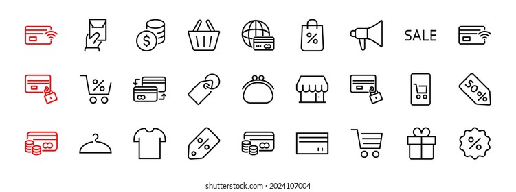 Black Friday Icon Set contiene iconos de Promociones, Descuentos de compras, Carro de compras. Trazo editable. Símbolos vectoriales, lineales.