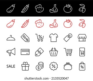 Black Friday Icon Set contiene iconos de Promociones, Descuentos de compras, Carro de compras. Trazo editable. Símbolos vectoriales, lineales.