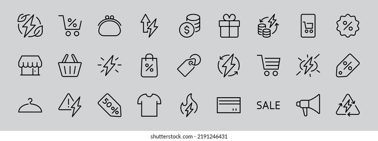 Black Friday Icon Set contains icons of Promotions, Discounts Shopping, Shopping Cart. Editable stroke. Vector Symbols, Linear
