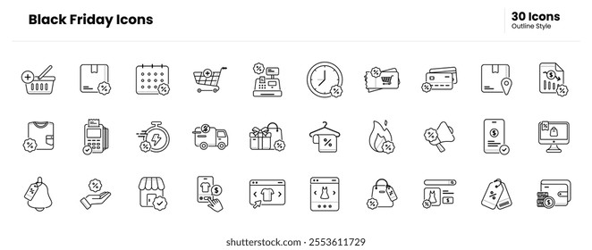 Black friday icon set. black friday, discount, e-commerce, online shop, promotion, advertising, offer, sale, business, store, marketing, event, shopping. Vector outline icon illustration