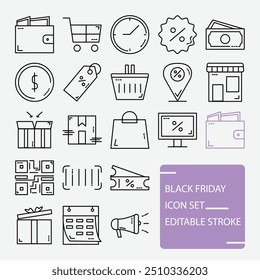 Black Friday icon set element editable stroke