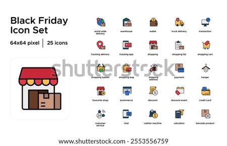 Black Friday Icon Set Filled Line Style: Shopping Cart, Discount Tags, Flash Sale, Limited Time Offers, Online Shopping, Special Deals, Retail Promotions, and Holiday Sales Icons