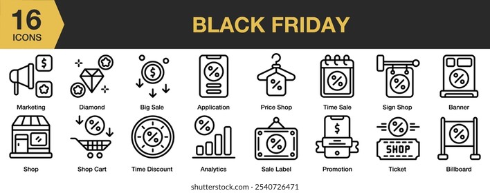 Conjunto de ícones Black Friday. Inclui marketing, loja de preços, promoção, etiqueta de venda, carrinho de compras, ingresso e muito mais. Contornar coleção de vetores de ícones.