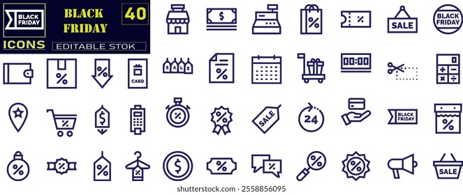 Black Friday icon set. Sale and discount line icons. 