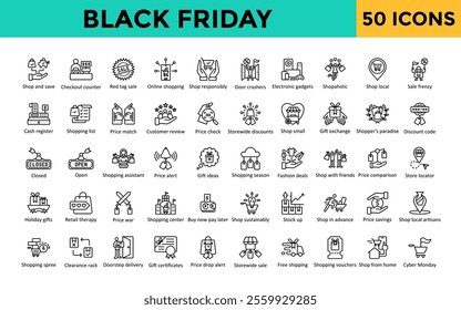 Black Friday icon set with shop and save, checkout counter, red tag sale, online shopping, shop responsibly, door crashers, electronic gadgets, shopaholic, shop local icon. Simple line vector 
