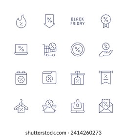 Juego de iconos del viernes negro. Icono de línea delgada. Trazo editable. Conteniendo una oferta caliente, laptop, sticker, calendario, descuento, viernes negro, banner.
