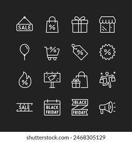 Black Friday icon set, white lines on black background. Sale day, big discounts, customer gifts. Shopping savings, marketing. Customizable line thickness