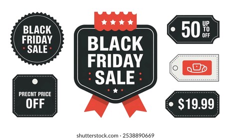 Black Friday icon set, white lines on black background. Sale day, big discounts, customer gifts. Shopping savings, marketing