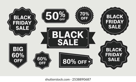 Conjunto de iconos de Black Friday, líneas blancas sobre fondo negro. Día de la venta, grandes descuentos, regalos de Cliente. Ahorro de compras, marketing