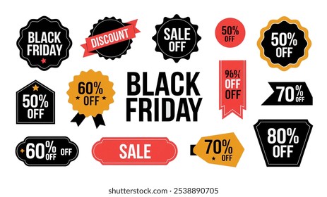 Black Friday icon set, white lines on black background. Sale day, big discounts, customer gifts. Shopping savings, marketing