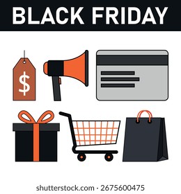 Hoja de iconos de Black Friday con etiqueta, altavoz, tarjeta, regalo, bolso y Carrito de compras