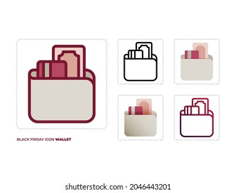 Ícono de Black Friday, Cartera, en cinco estilos diferentes, es decir: contorno de color, línea, plano, plano degradado y línea de degradado.