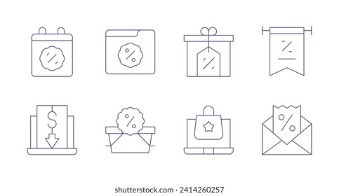 Black friday icons. Editable stroke. Containing calendar, low price, discount, black friday, banner.