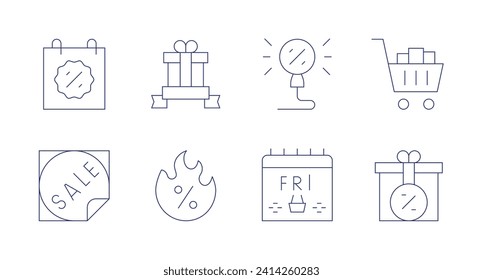 Black friday icons. Editable stroke. Containing calendar, promo, sale, black friday, shopping cart, gift.