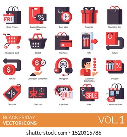 Black Friday Icons Including Biggest Shopping Day, Presents, Bag, Cart, Basket, Purchase, Return, Refund, Cashback Guarantee, Customer Satisfaction, Coupon, Discount, Gift Card, Sale, Clearance.