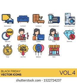 Black friday icons including electronics, furniture, home appliances, sale time, salesman, cashier, buyer, diamond, timer, low price, balloons, store.