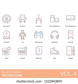 Black friday icons including electronics, furniture, home appliances, prediction, toy, video games, headphones, favorite, top 10, 100, wild card, shoe, gadget.