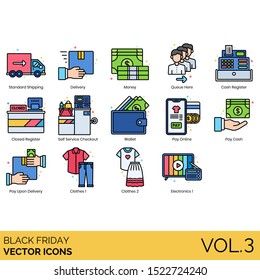 Black friday icons including standard shipping, money, queue here, cash register, closed, self service checkout, wallet, online, pay upon delivery, clothes, electronics.