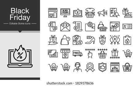 Black Friday icons. Modern line design. Icon set of black friday and cyber monday. For presentation, mobile application. Editable Stroke. Vector illustration.