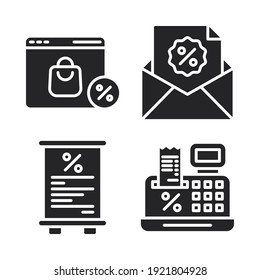 black friday icons set = ecommerce discount, email, banner, cash register. Perfect for website mobile app, app icons, presentation, illustration and any other projects.