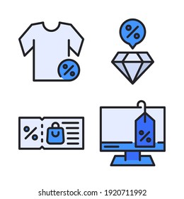 black friday icons set (Filled Line) = shirt, diamond, ticket, monitor. Perfect for website mobile app, app icons, presentation, illustration and any other projects.