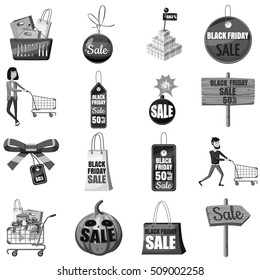 Black Friday icons set. Gray monochrome illustration of 16 Black Friday vector icons for web