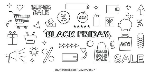 Black Friday Icons Set. Outline Marketing Elements. Shopping, Discount, and Sale Symbols. Vector flat illustration of Gift Box, Tag, Bags, Megaphone and Percentage. 