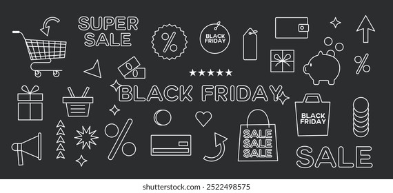 Conjunto de ícones Black Friday. Elementos de marketing brancos sobre fundo preto. Símbolos de Compras, Descontos e Vendas. Ilustração plana vetorial de caixa de presente, Tag, Sacos, Megafone e Percentual. 