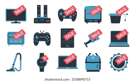 Black Friday Icons Set. White Marketing Elements on Black Background. Shopping, Discount, and Sale Symbols. Vector flat illustration of Gift Box, Tag, Bags