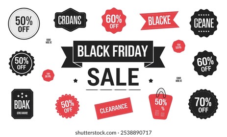 Black Friday Icons Set. White Marketing Elements on Black Background. Shopping, Discount, and Sale Symbols. Vector flat illustration of Gift Box, Tag, Bags