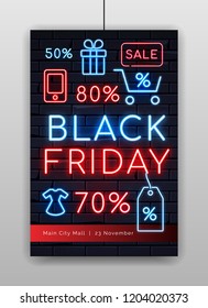 Black friday Illuminated neon sign frame light electric banner glowing on black brick wall background. big huge sales concept. Neons signs with ready to use icons. discount percents sale billboard