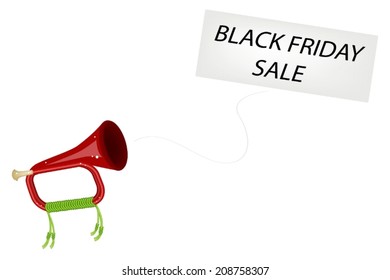 Black Friday, An Illustration Brown Color of Vintage Antique Brass Bugle Blowing A Black Friday Sale Flag, Sign for Start Christmas Shopping Season. 