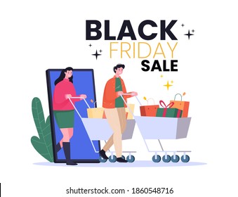 black friday illustration concept, men and women pushing shopping baskets, online shopping, discounts, social media illustrations
