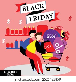 Black Friday illustration concept two friends pushing shopping baskets, online shopping, discounts, social media illustrations.