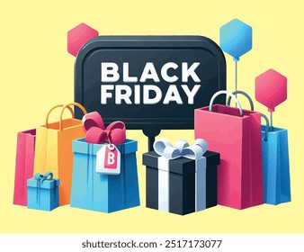 Ilustración de Black Friday con cajas de regalo, bolsas de compras, globos. Diseñado como una Plantilla de Imagen de ventas para redes sociales, Sitios web...