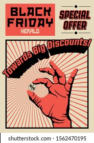 Black Friday Illustration, Old Propaganda Poster Style, Hand and Coin, Discounts and Sales