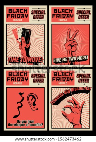 Black Friday Illustration Set, Old Propaganda Poster Style, Credit cards, Coin, Hand Gestures, Retro Newspaper Backgrounds