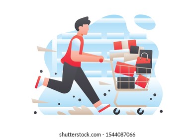 Black Friday Illustration. Shopping Vector Design. Sale Background For Banner Element. A Man Running With Shopping Cart Full Of Groceries