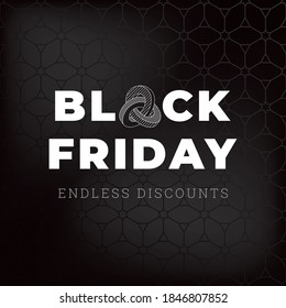 Black Friday Impossible Triple Mobius Loop Bold Logo and Endless Discounts Lettering - White on Deep Black Repeating Hexagrams and Triangles Background - Vector Mixed Graphic Design