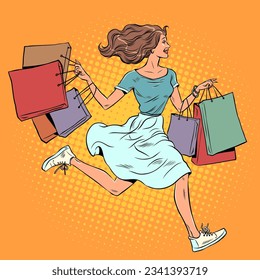 Black Friday, incredible sale of goods. Discounts in the store. The girl runs with packages in her hands. Pop Art Retro Vector Illustration Kitsch Vintage 50s 60s Style