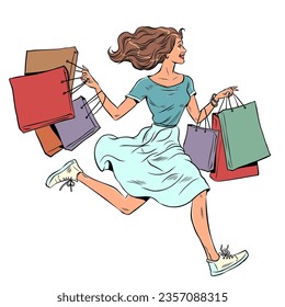 Black Friday, incredible sale of goods. Discounts in the store. The girl runs with packages in her hands. Pop Art Retro Vector Illustration Kitsch Vintage 50s 60s Style. On a white background