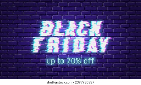 Black Friday inscription in glitch style, signal interference on TV. Sale promotion banner on a dark brick wall. Dark tones design template with neon glow