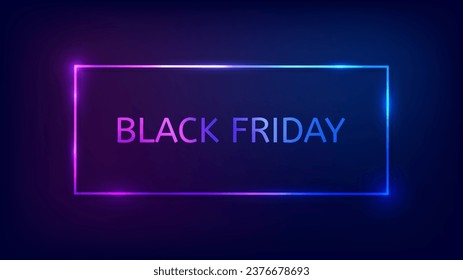 Inscripción del Viernes Negro en neón rectangular marco con efectos brillantes. Ilustración del vector