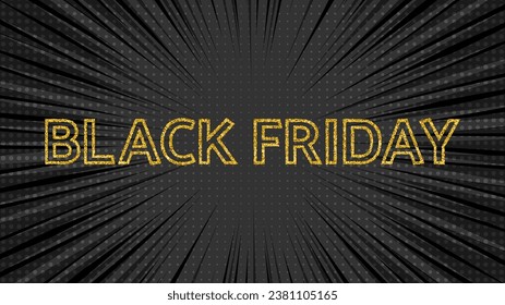 Black Friday inscription on comic pop art background. Gold inscription with shadow on halftone banner. Vector illustration