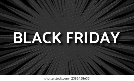 Black Friday inscription on comic pop art background. White inscription with shadow on halftone banner. Vector illustration