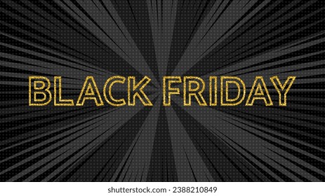Black Friday inscription on comic pop art background. Gold inscription with shadow on halftone banner. Vector illustration