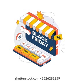 Inscrição Black Friday na tela do monitor do computador com Market Awning.  Bom Teclado. Teclado com botões de desconto. Ilustração de vetor isométrico 3d