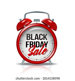 Black Friday inscription on realistic red alarm clock. Vector label template for advertising sales retail, discount or special offer. Sample for your banner or poster.